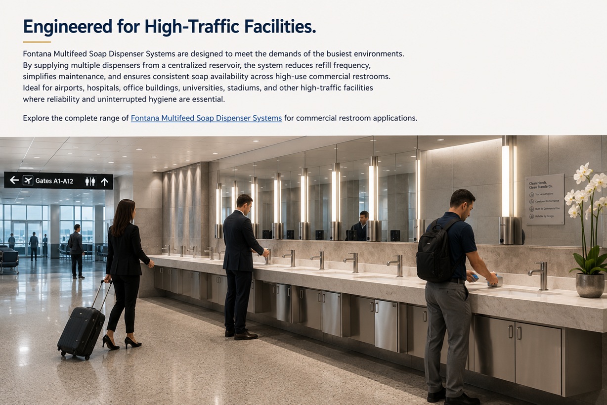 High-traffic airport restroom application using coordinated automatic soap dispensers and centralized commercial soap distribution